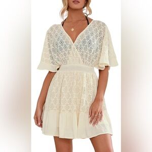 Cupshe Cream Flutter Sleeve V-Neck Coverup Swimsuit Dress Beige Medium